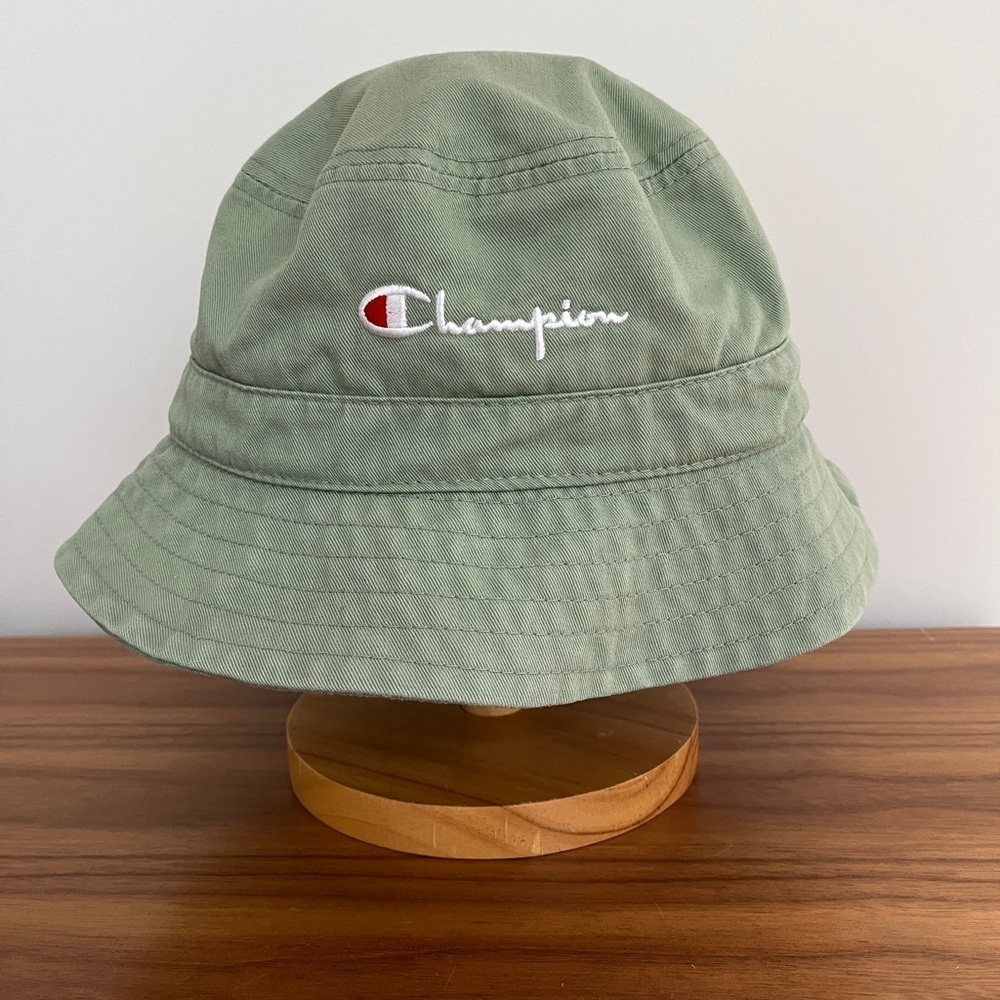 CHAMPION Basil Green Wash Bucket Hat Spell Out Logo Stitched Brim Sun Hat Casual